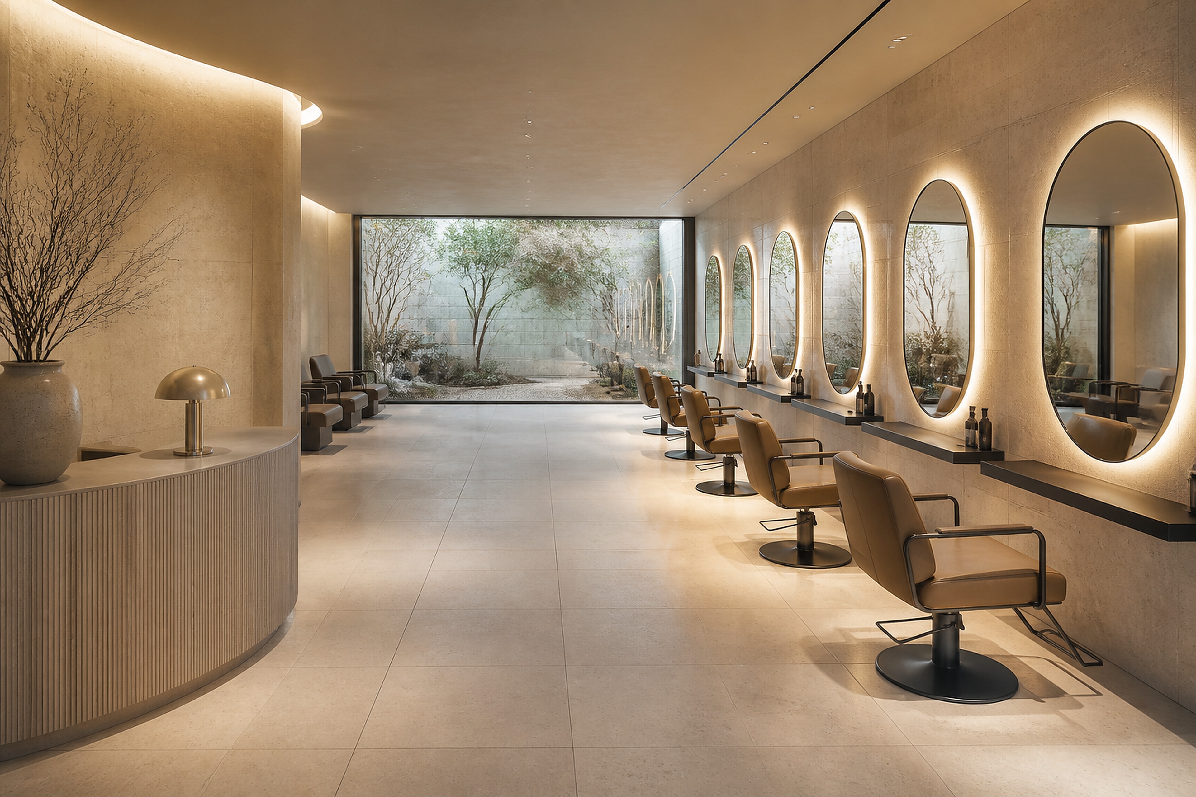 Premium Salon Interior — Ovalspiegel und Stein