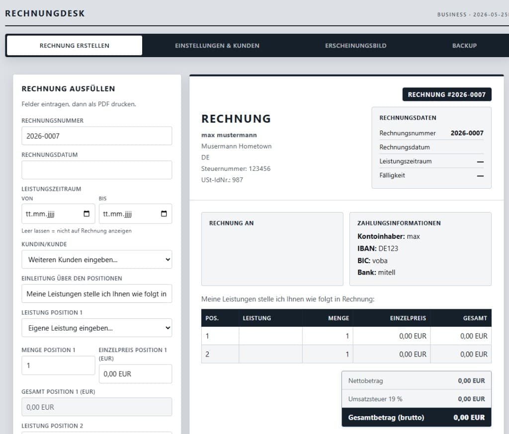 Website-Vorschau: Rechnungs-App
