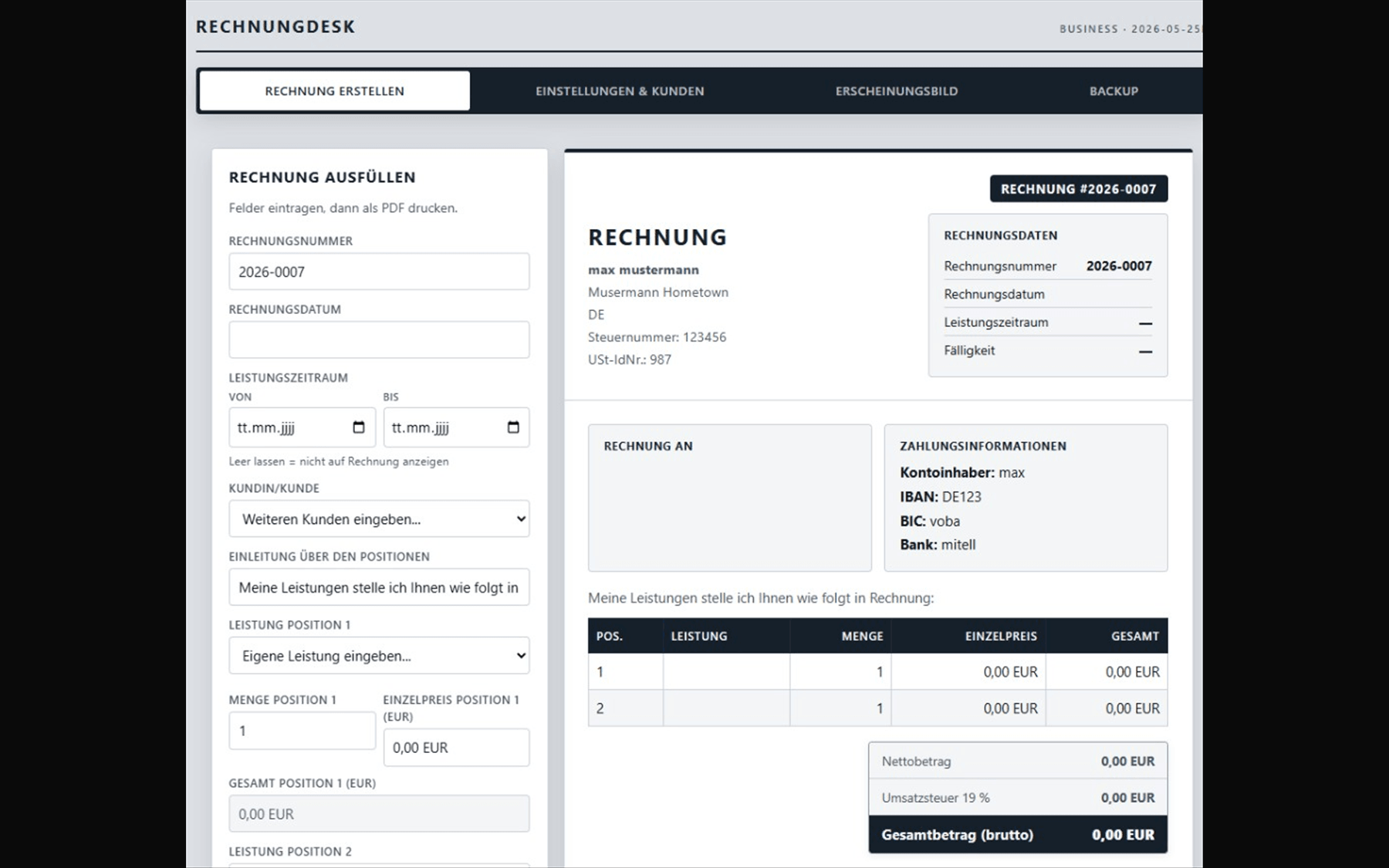 Website-Vorschau: Rechnungs-App